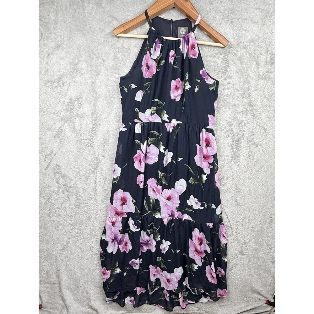 Vince Camuto Dress Womens 8 Navy w/ Pink Floral Chiffon High Neck